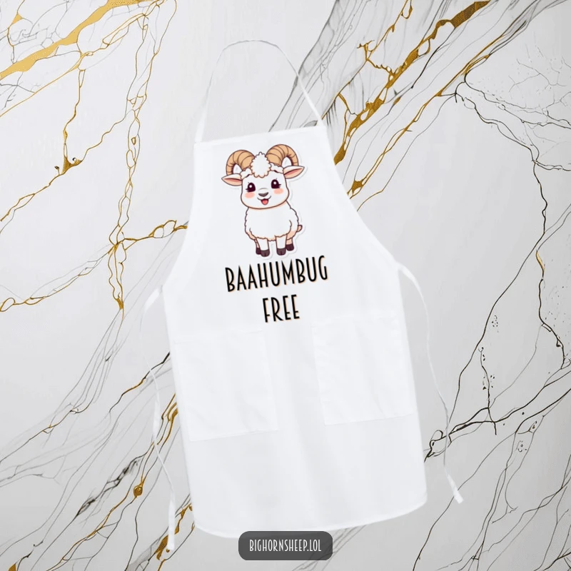 Funny apron featuring a giggling bighorn sheep chef wearing askew wooly ear muffs, ready to whip up some delicious, humorous meals.