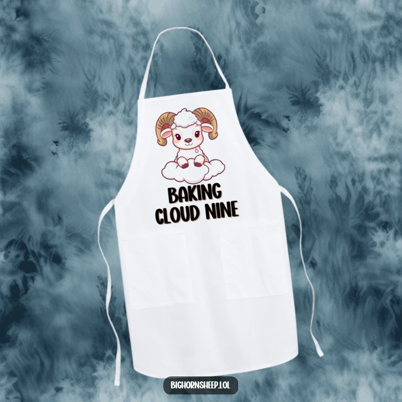 Funny apron with an adorable bighorn sheep peeking from behind a soft cloud, perfect for adding cheer to your culinary adventures.