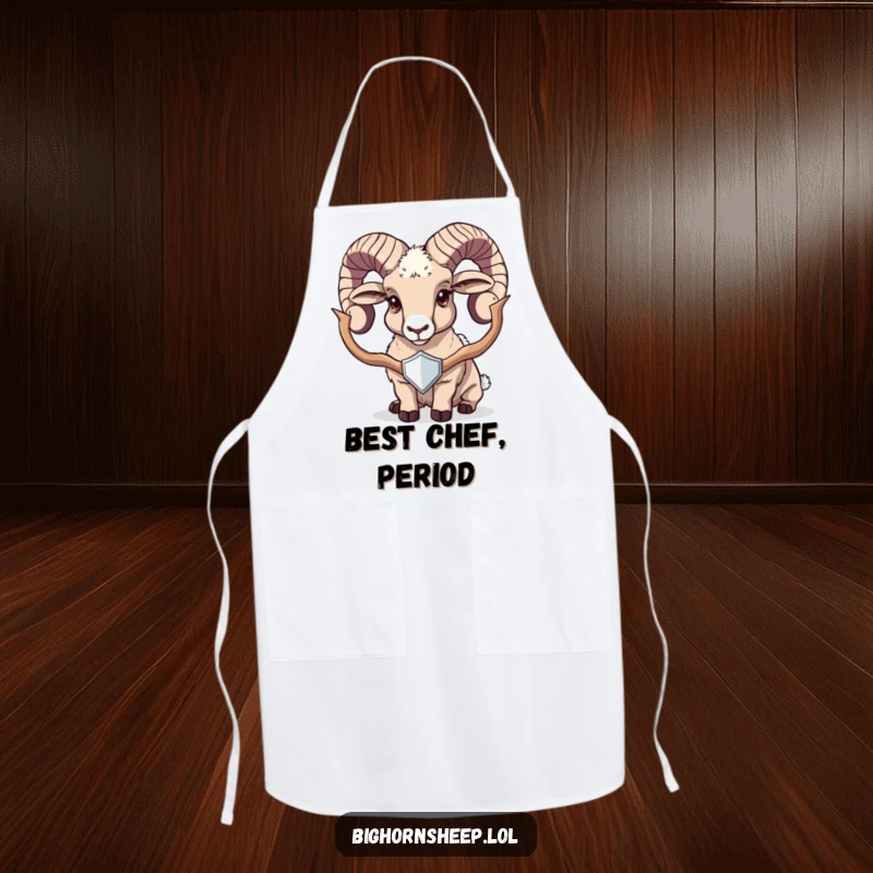 Funny bighorn sheep apron featuring a proud sheep holding a shiny trophy, perfect for humorous kitchen protection.
