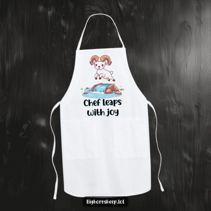 Funny happy bighorn sheep leaping over a stream on a kitchen apron. Joyful desert animal cooking accessory.