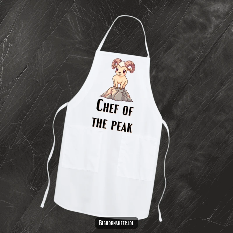 Funny Bighorn Sheep Apron: A proud, smiling sheep standing on a mountain peak, making kitchen tasks feel like triumphant achievements.