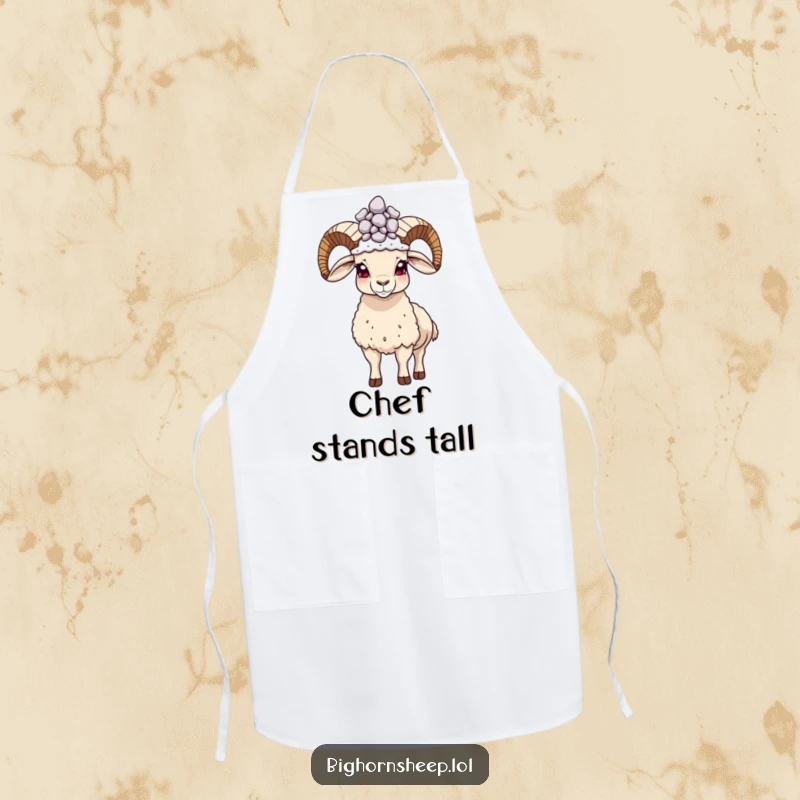 Funny proud bighorn sheep apron, standing tall with a pebble crown, cooking accessory with humorous fortitude.