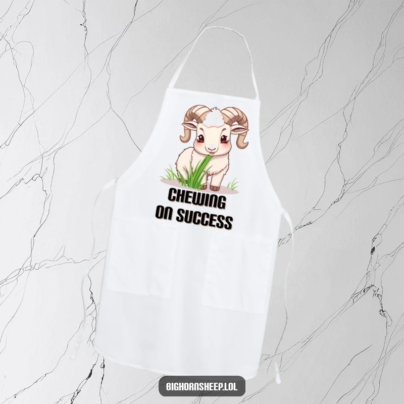 Funny happy bighorn sheep apron, depicting the sheep contentedly chewing grass, perfect for a joyful cooking experience.