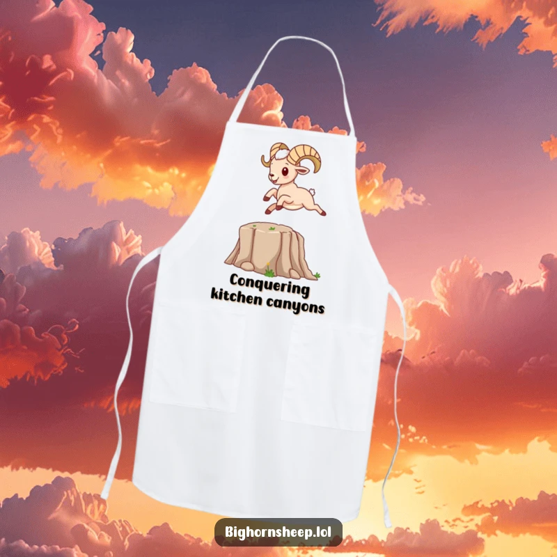Funny bighorn sheep character leaping energetically over a cartoon canyon, on a kitchen apron.
