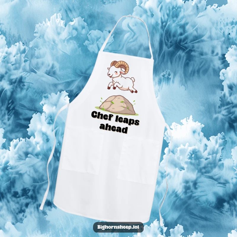 Funny Bighorn Sheep Apron: A happy sheep in mid-leap over a mound, adding a joyful, energetic touch to cooking.