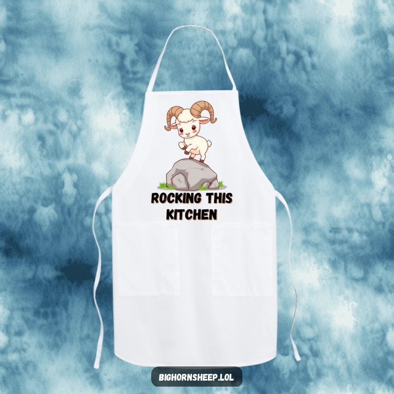 Funny Bighorn Sheep Apron: Cute sheep with curly horns humorously hops on a rock, ready for kitchen fun and culinary triumphs.