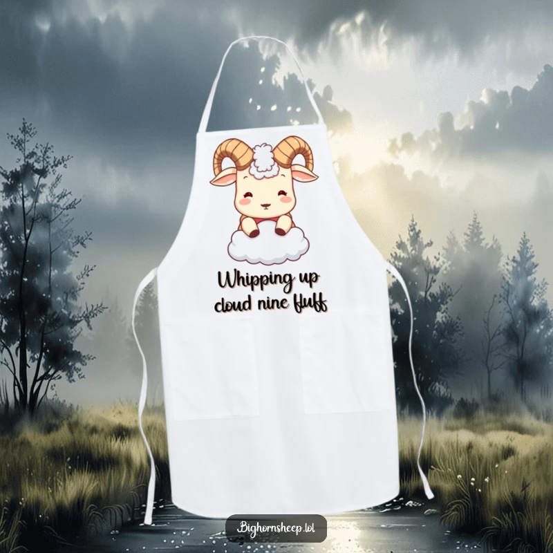 Funny Bighorn Sheep Apron: A cute sheep hilariously headbutting a cloud, making kitchen tasks a fun and amusing experience.