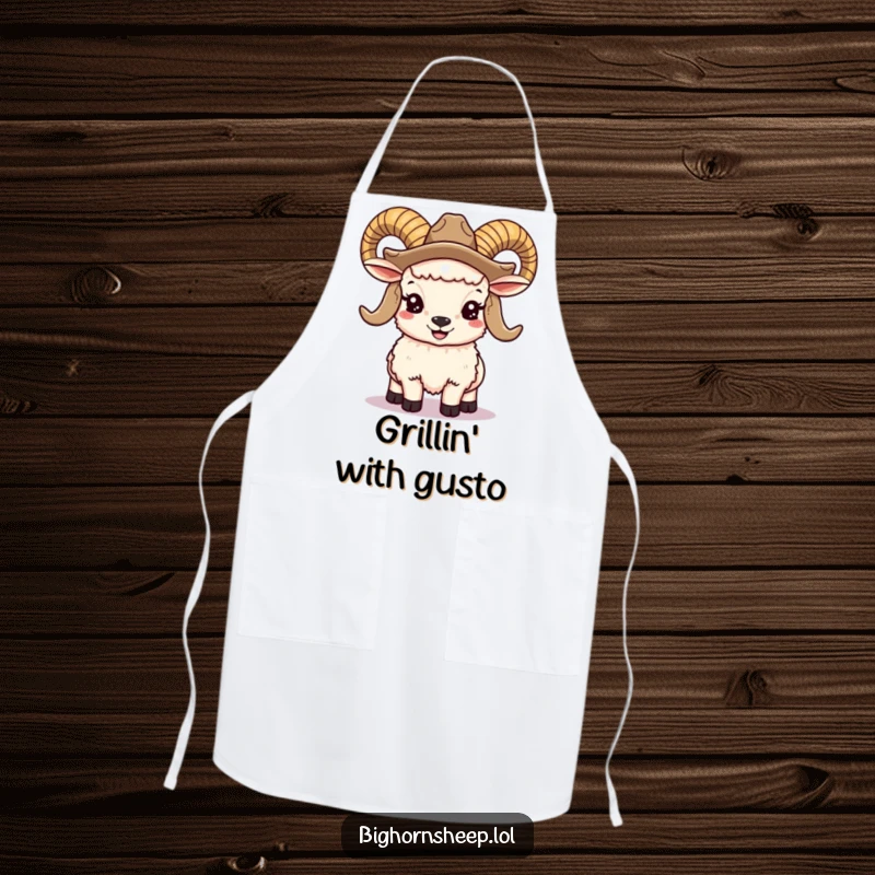 Funny bighorn sheep apron with a smiling ram wearing a cowboy hat, ideal for western-themed kitchen fun.