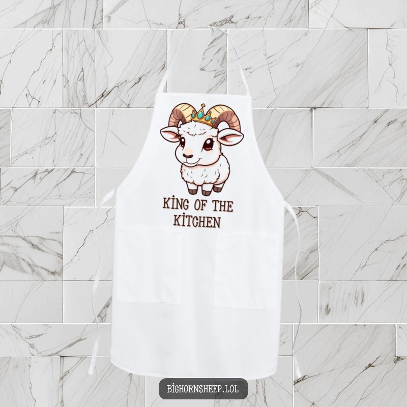 Funny Apron: Bighorn sheep with a tiny jeweled crown sliding down its horn, perfect for a humorous kitchen.