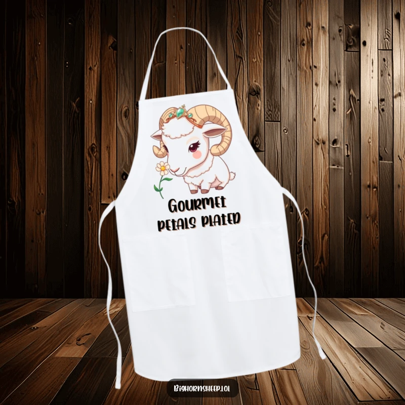 Funny bighorn sheep apron, a sheep with a jeweled headband curiously sniffing a flower, perfect for humorous and nature-inspired cooking.