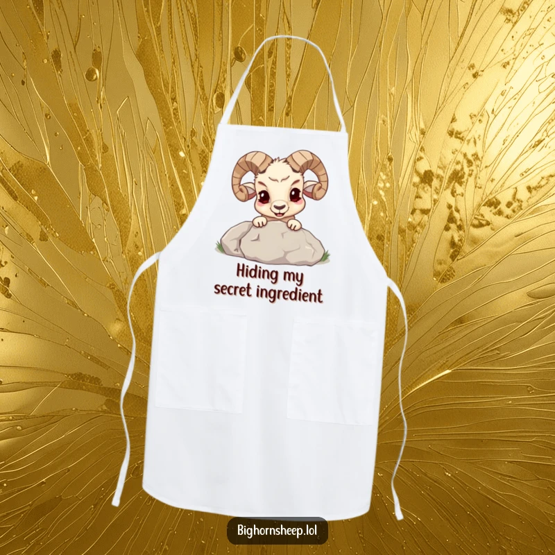 Funny bighorn sheep with a mischievous grin peeking from behind a large boulder on a kitchen apron, bringing humor to cooking.