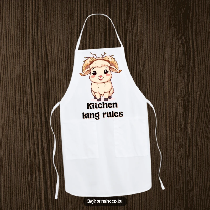 Funny bighorn sheep apron, a cheerful sheep with a twig crown, cooking accessory with natural humor.
