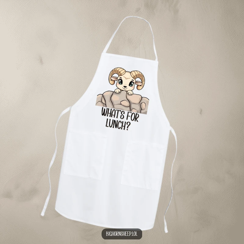 Funny Curious Bighorn Sheep Apron: An apron showing a sheep with wide eyes peeking over a ledge, ready to explore.