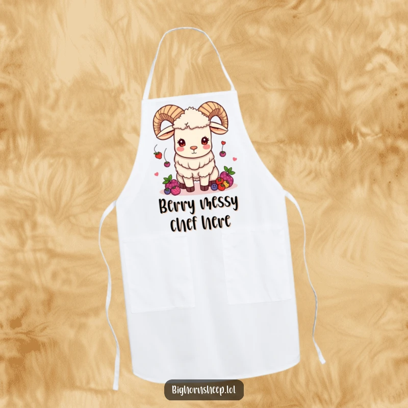 Funny bighorn sheep apron featuring a mischievous sheep juggling berries, perfect for keeping clean with humorous flair.