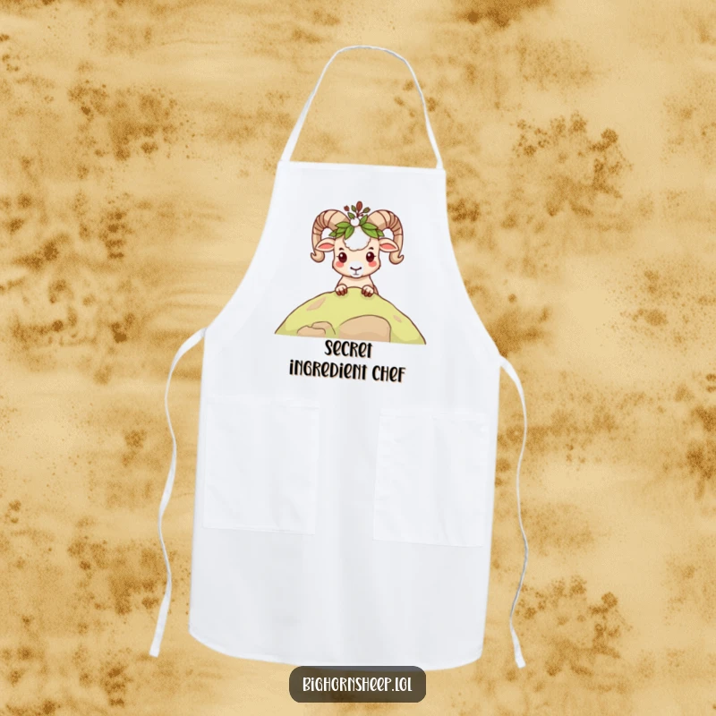 Funny mischievous bighorn sheep apron, peeking with a leafy crown, cooking accessory with playful charm.