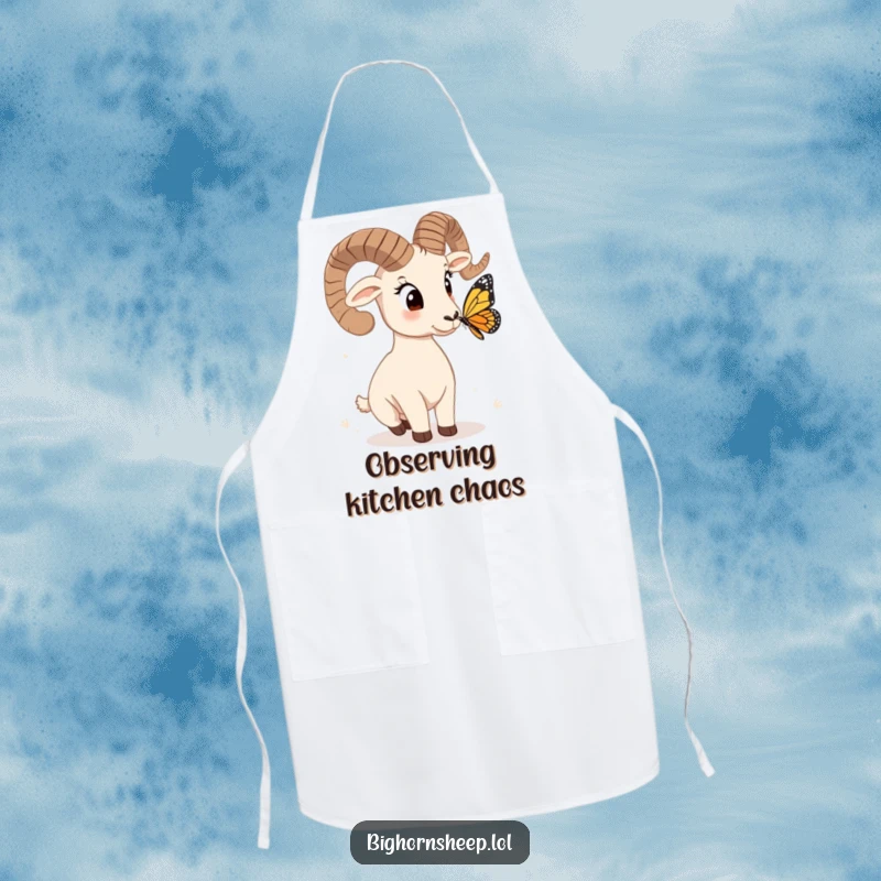 Funny bighorn sheep apron, head tilted quizzically at a butterfly, a humorous and practical accessory for the curious chef.
