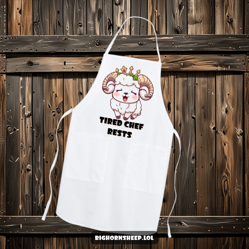 Funny sleepy bighorn sheep apron, a yawning sheep wearing a moss crown, cooking accessory with humorous calm.