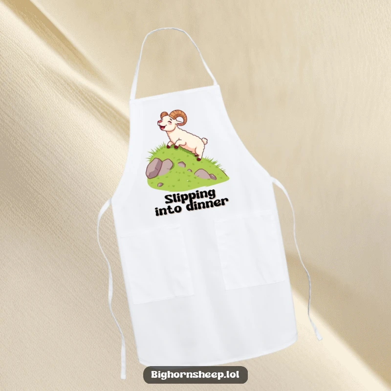 Funny bighorn sheep sliding down a slope with a joyful yell, featured on a fun kitchen apron.