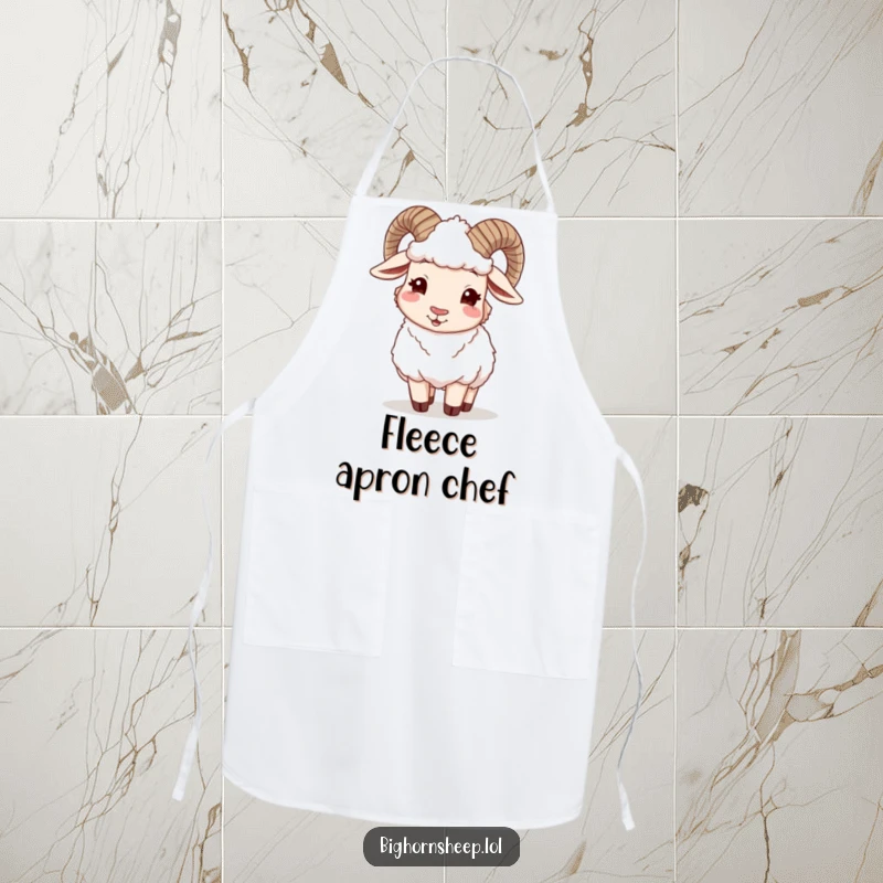 Funny Bighorn Sheep Apron: A happy sheep winking while adjusting its woolly fleece, bringing stylish humor to kitchen tasks.