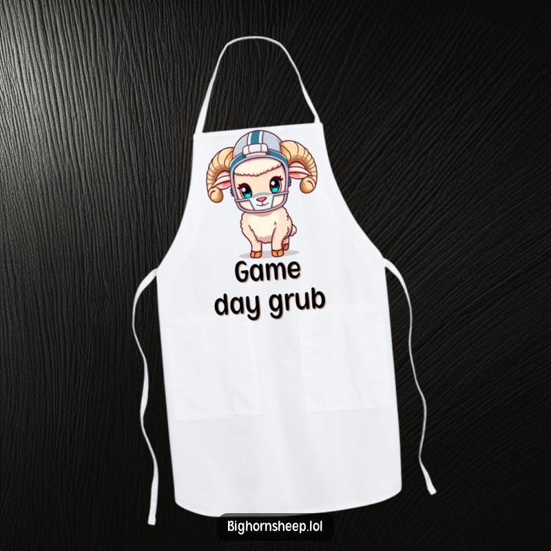 Funny bighorn sheep in a tiny football helmet, ready to cook or grill, on a durable apron.