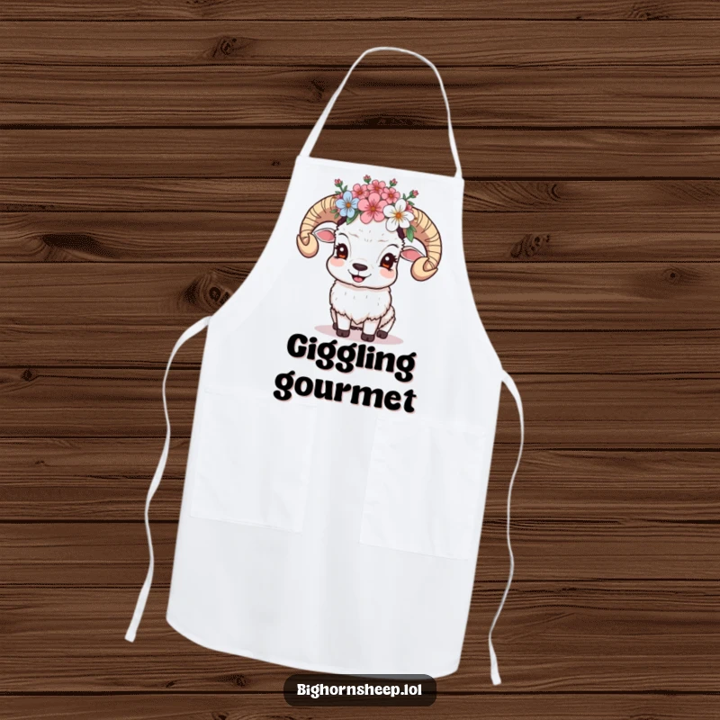 Funny Giggling Sheep Apron: Sheep with a crown of alpine blossoms giggles, bringing floral joy to kitchen tasks.