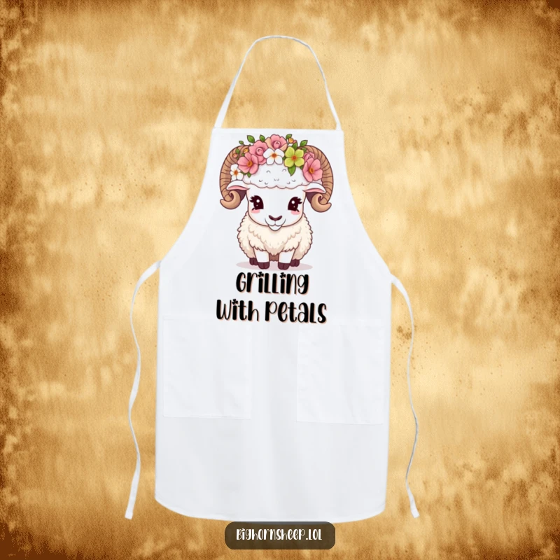 Funny Apron featuring a bighorn sheep comically adjusting an oversized flower crown, adding whimsical humor to your cooking attire.
