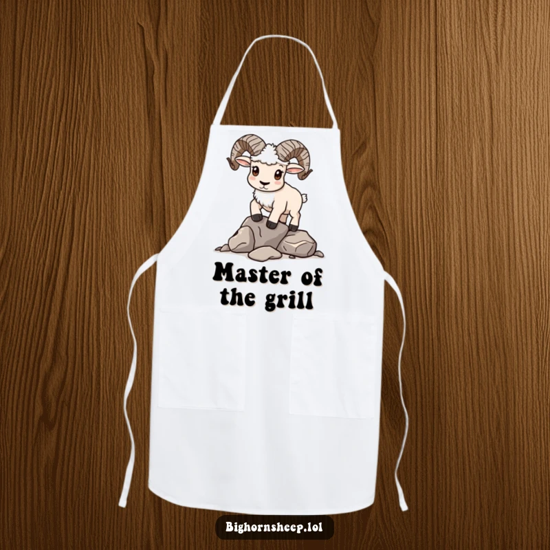 Funny Apron: Determined bighorn sheep attempting to balance a pile of rocks in the kitchen.