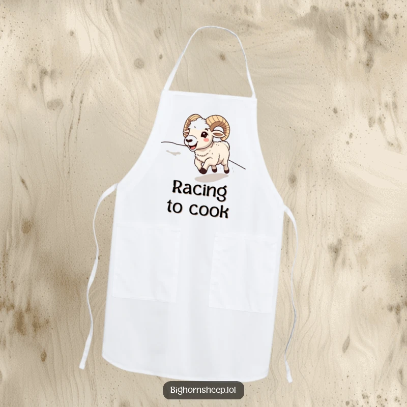 Funny bighorn sheep running downhill with a happy, open mouth, on a humorous apron for enthusiastic cooks.
