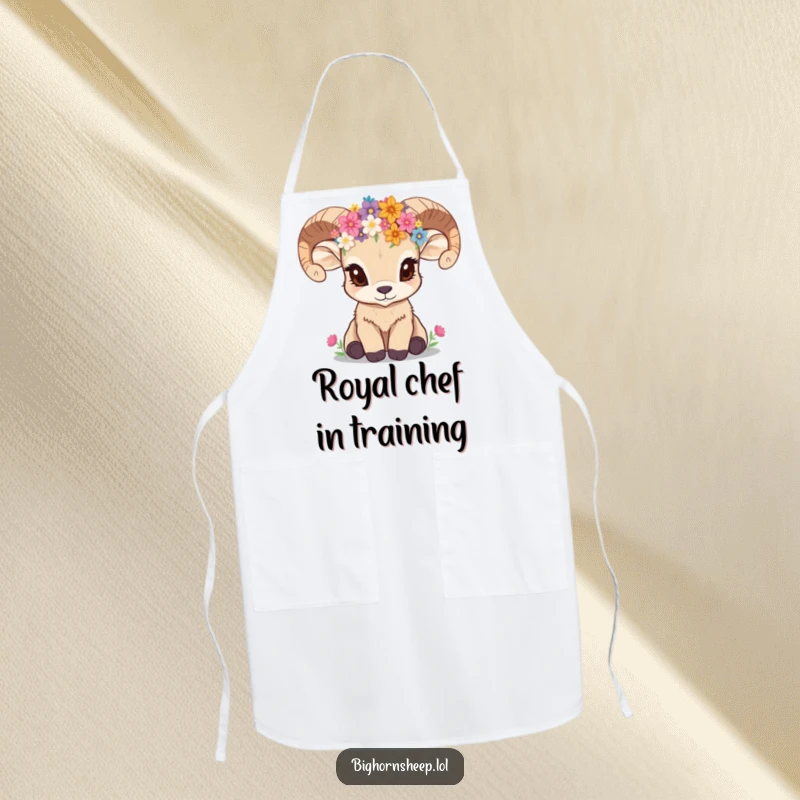 Funny bighorn sheep cub wearing a wildflower crown, looking inquisitive, on a kitchen apron.