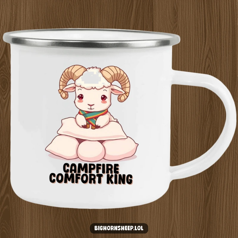 Funny Camping Mug: Regal bighorn sheep wearing a sash, hilariously buttering a pile of soft pillows.