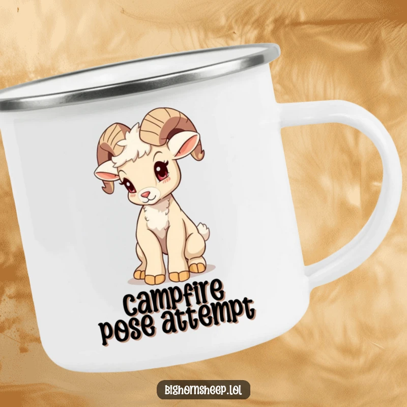 Funny bighorn sheep cub camping mug, attempting a majestic pose with a wobble, a durable and hilarious mug for adventurers.