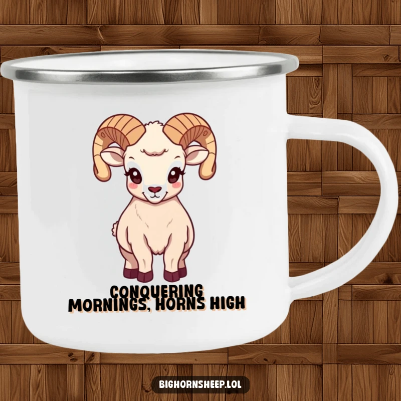 Funny majestic bighorn sheep camping mug, showing the sheep posing proudly with its horns, ready for any adventure.