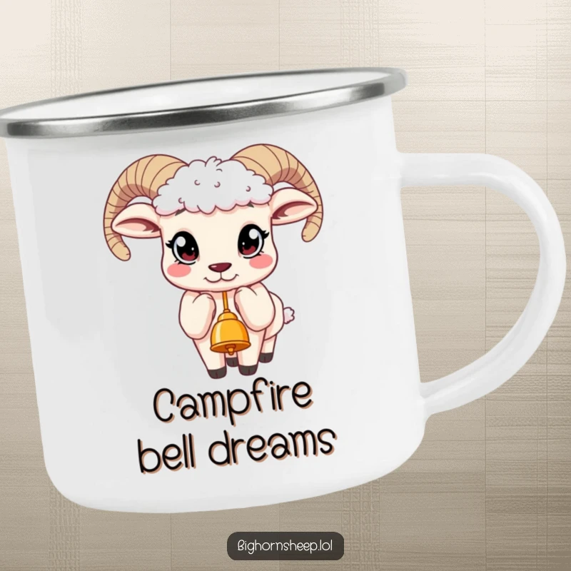 Funny camping mug featuring a bighorn sheep with large, curious eyes, reaching for a dangling bell, ready for adventure.