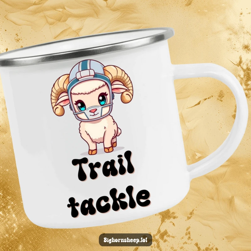 Funny bighorn sheep in a tiny football helmet, ready for adventure, on a sturdy camping mug.
