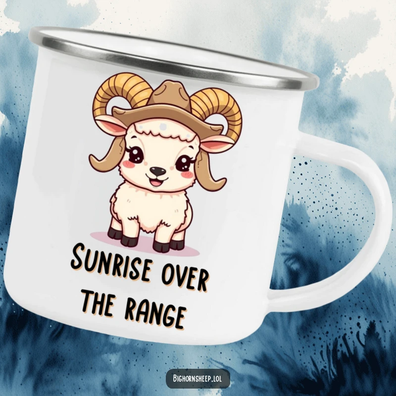 Funny bighorn sheep camping mug showing a smiling ram with large horns and a cowboy hat, for outdoor western enjoyment.