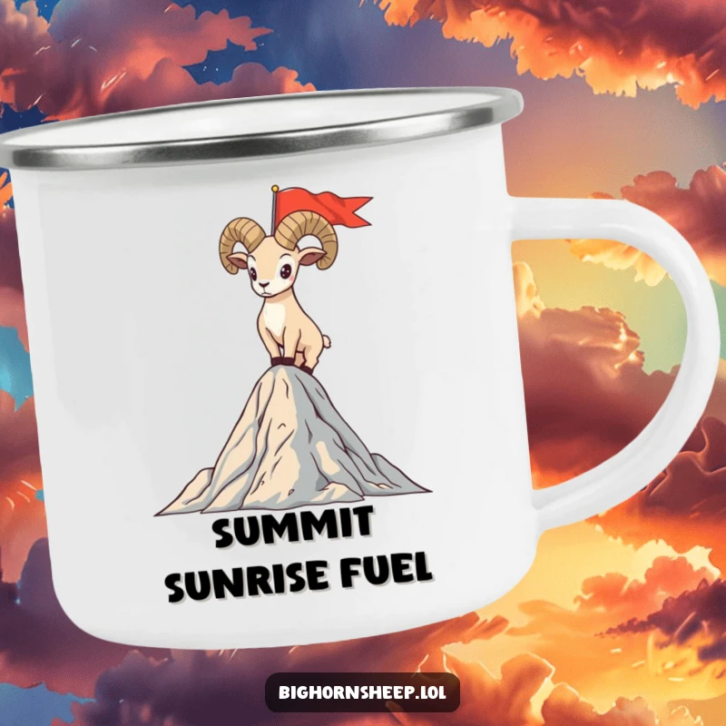 Funny camping mug with a bighorn sheep standing proudly on a mountain peak, planting a flag, ready for humorous adventures.