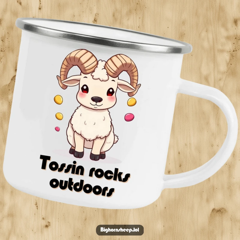 Funny bighorn sheep juggling pebbles with its horns on a durable camping mug, ready for adventure.