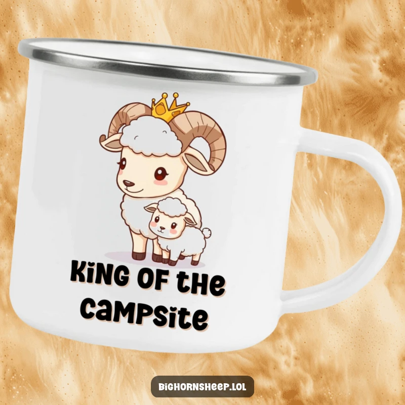 Funny crowned bighorn sheep gently nudging a smaller sheep, on a rugged camping mug for regal adventurers.
