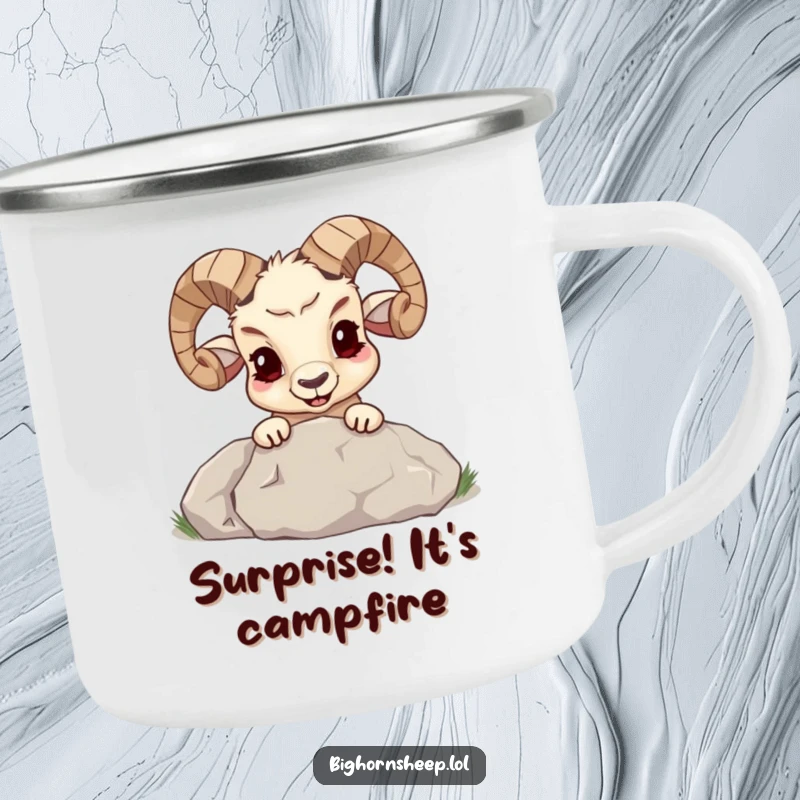 Funny bighorn sheep with a mischievous grin peeking from behind a large boulder on a durable camping mug, perfect for outdoor fun.