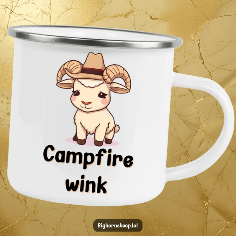 Funny Cowboy Bighorn Sheep Camp Mug: A rugged mug with a sheep wearing a cowboy hat and winking mischievously.