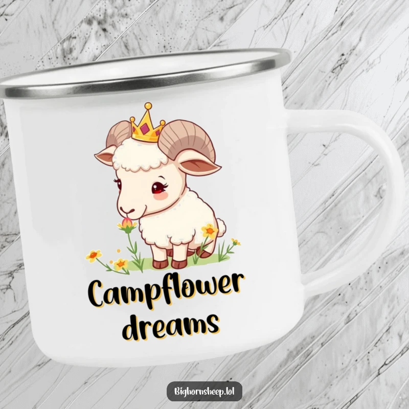 Funny Crowned Sheep Camping Mug: Curious sheep with a tiny crown sniffs a wildflower, perfect for enjoying drinks outdoors with nature.