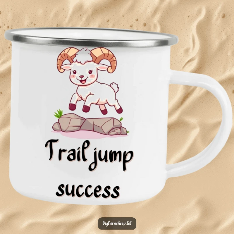 Funny camping mug featuring a bighorn sheep joyfully leaping over a small gap, ready for any outdoor adventure.