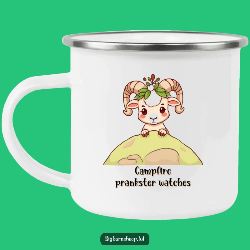 Funny Mischievous Bighorn Sheep Leafy Crown Camping Mug: Adventure with a Peek!