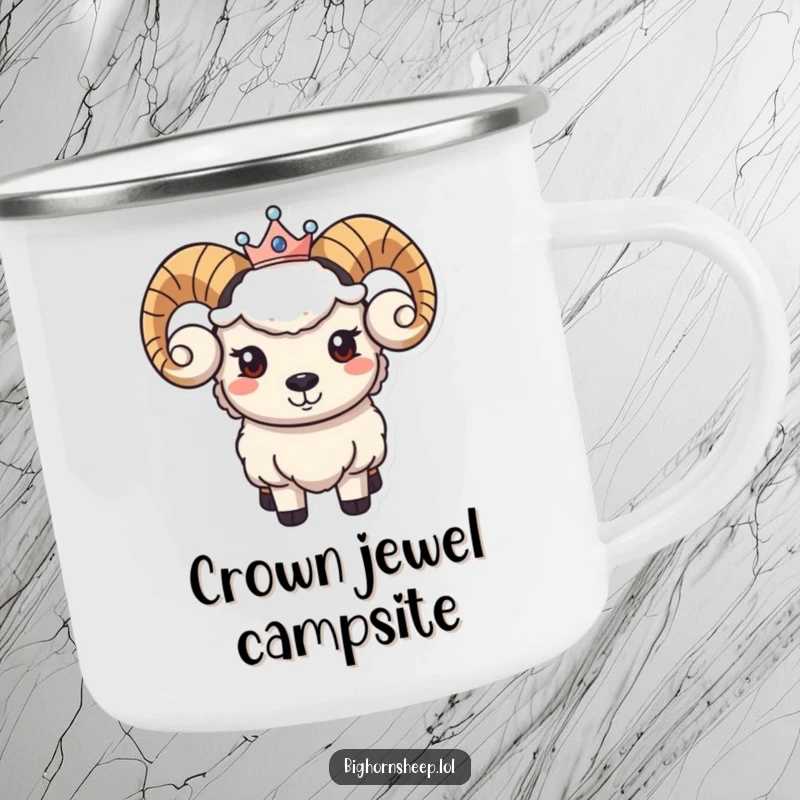 Funny camping mug featuring a bighorn sheep character with a gentle smile and a small crown, ready for outdoor reigns.