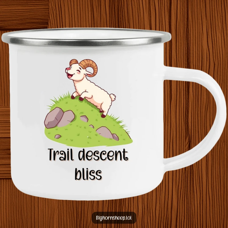 Funny bighorn sheep sliding down a grassy hill with a yell on a durable camping mug.