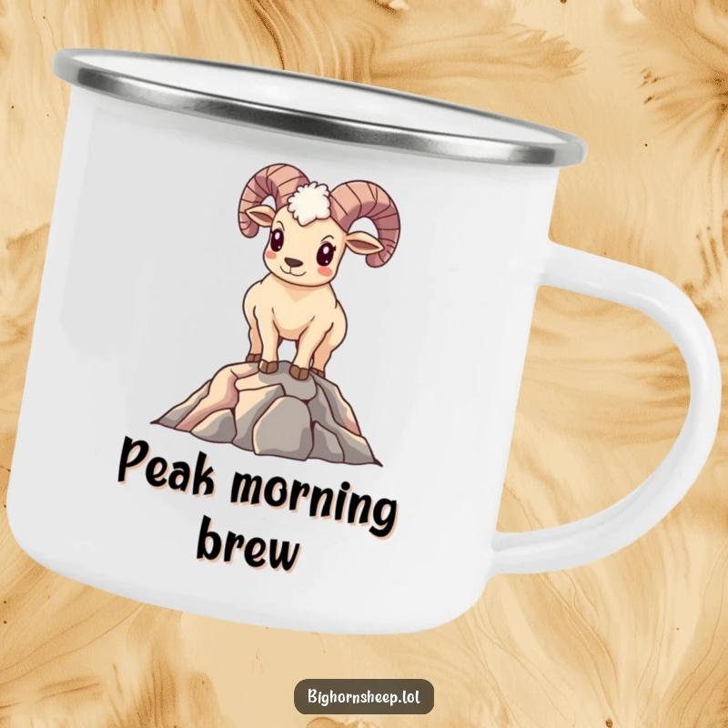 Funny Bighorn Sheep Camping Mug: Smiling sheep standing proudly on a mountain peak, perfect for celebrating outdoor achievements.