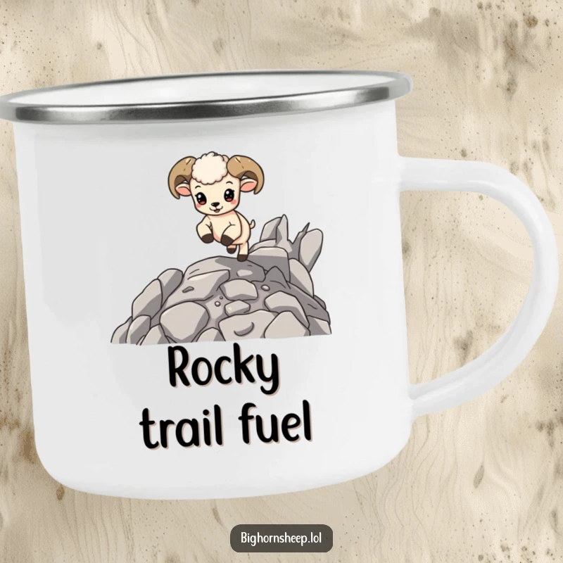 Funny Bighorn Sheep Cub Camping Mug: Cute baby sheep happily bouncing on rocks, perfect for energetic outdoor sips and smiles.
