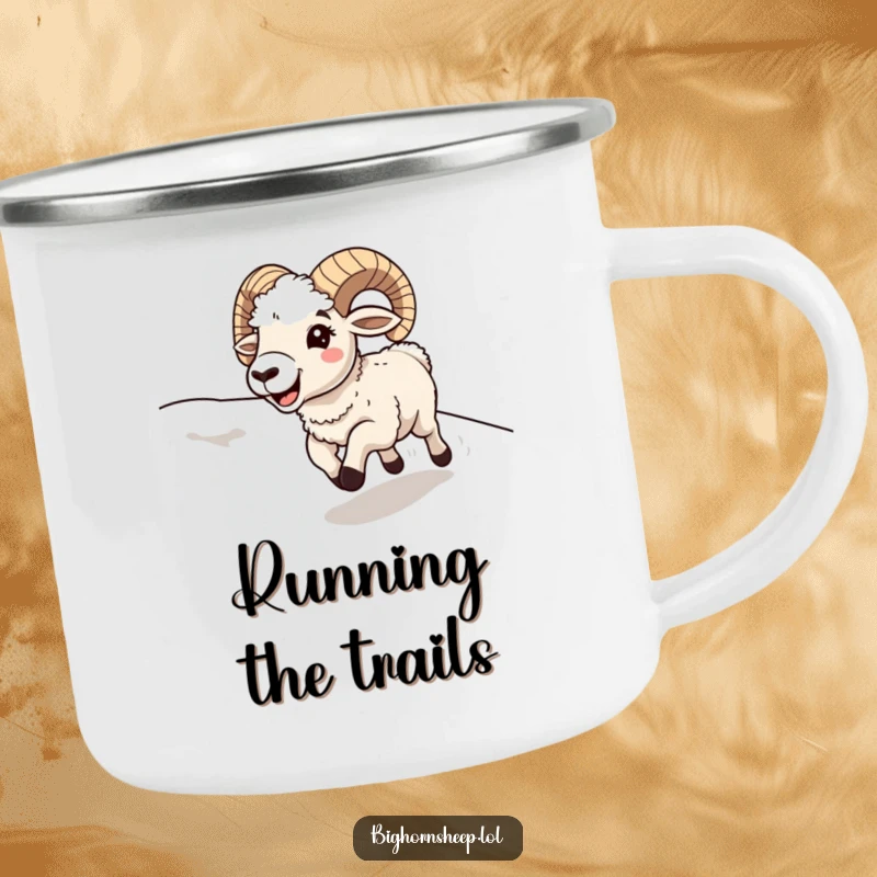 Funny bighorn sheep running downhill with a happy, open mouth, on a camping mug for adventurous souls.