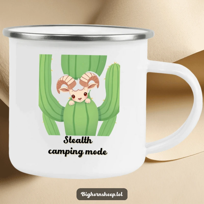 Funny shy bighorn sheep peeking from behind a cactus on a rugged camping mug. Humorous desert animal enamel cup.