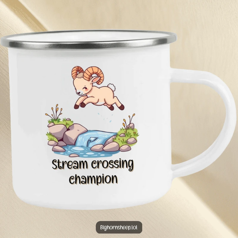 Funny bighorn sheep cub camping mug, showing the cub leaping energetically over a stream, ready for outdoor escapades.